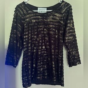 KEREN HART *size M* Black and Gold Ruffle 3/4 length sleeved Top